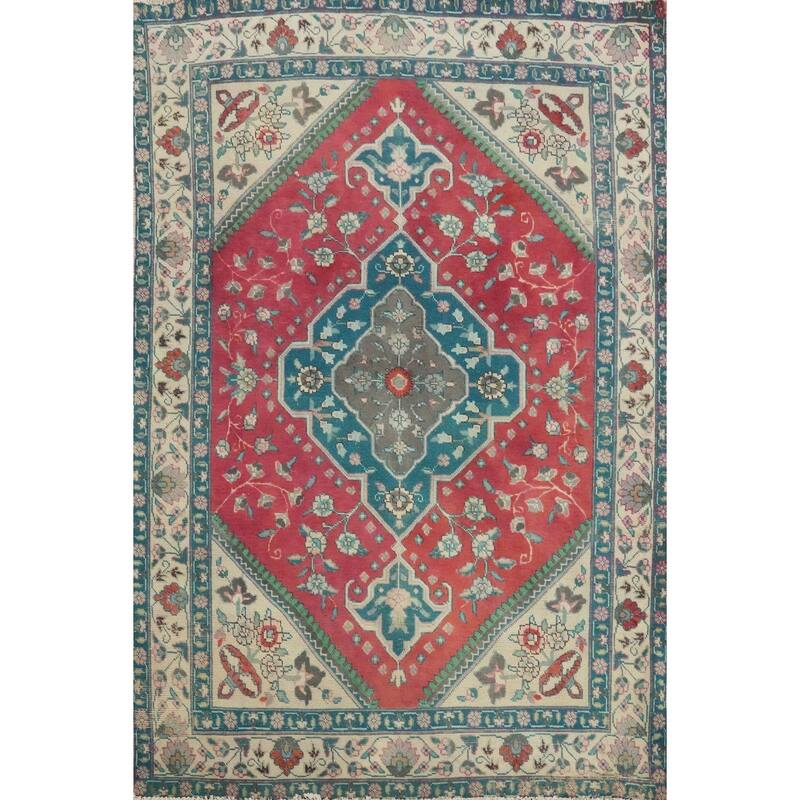 Hand Knotted Oriental 100% Wool Carpet Traditional Floral Pink Tabriz Area Rug - 6' 3'' X 4' 7''