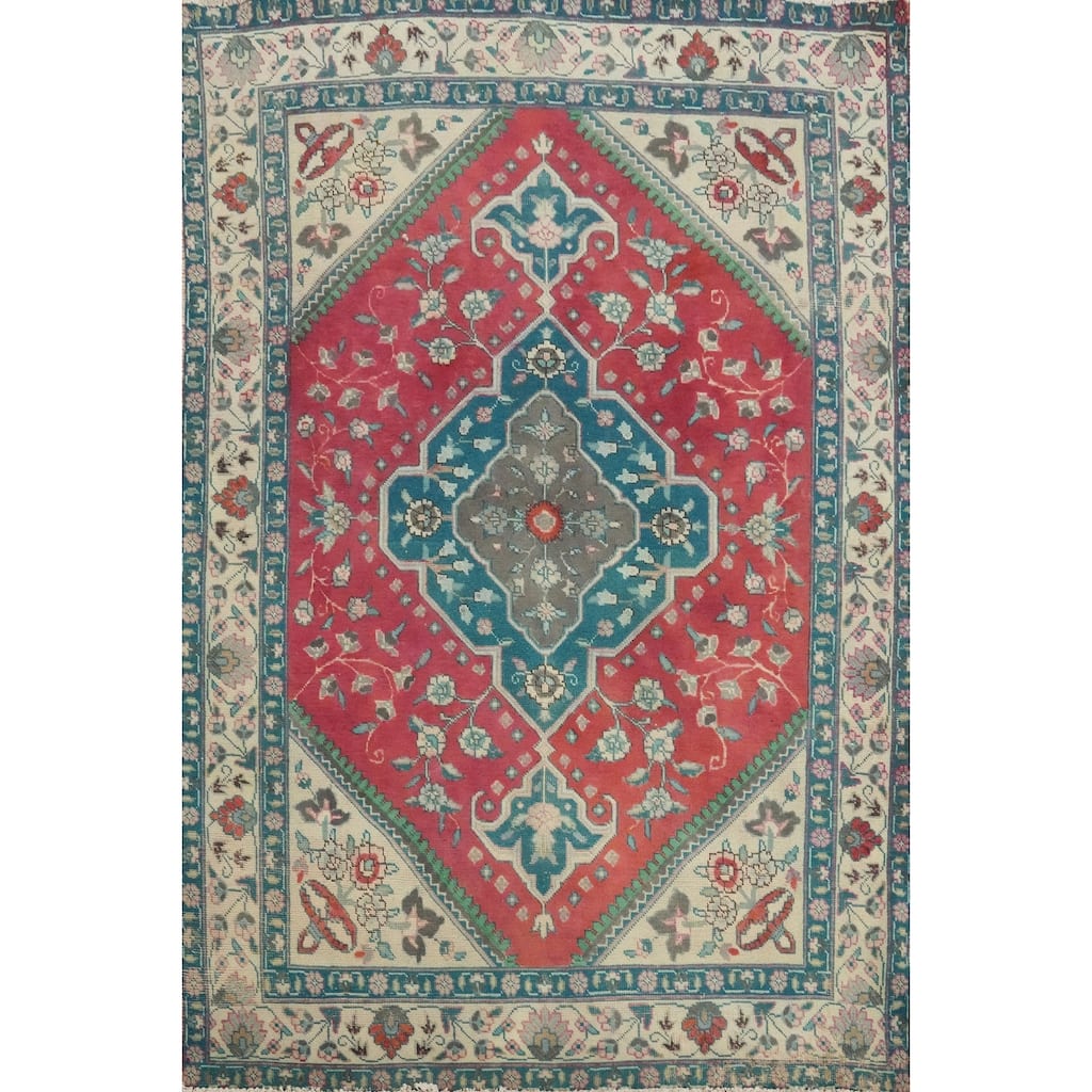 Hand Knotted Oriental 100% Wool Carpet Traditional Floral Pink Tabriz Area Rug - 6' 3'' X 4' 7''