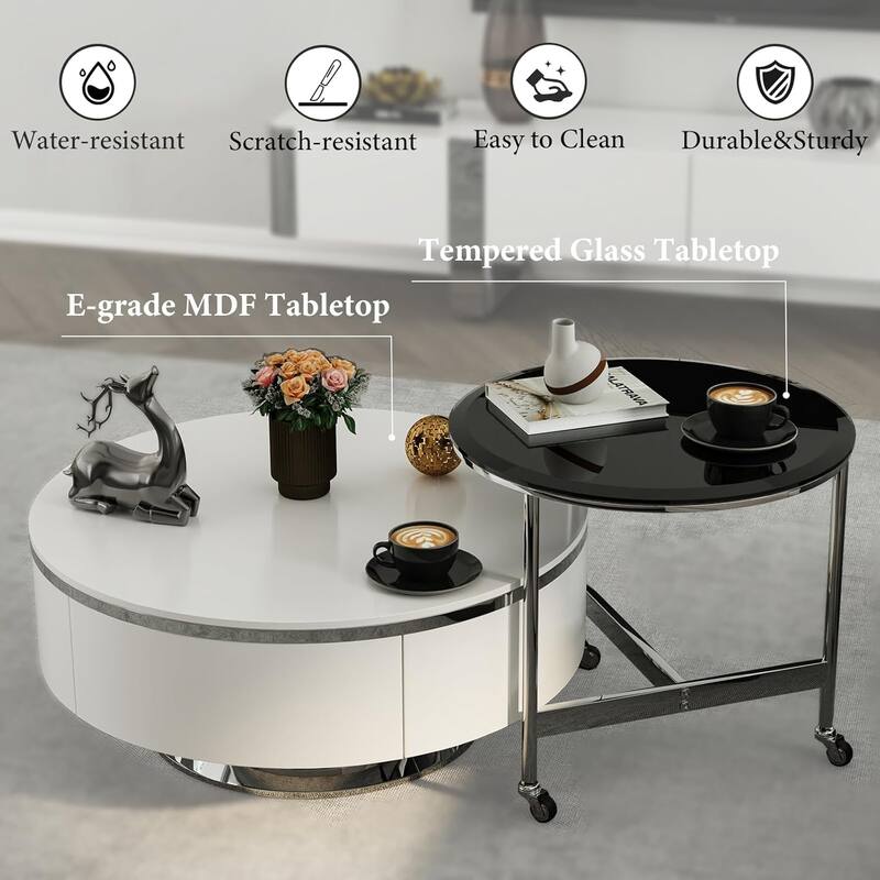 Nesting Coffee Table Set with End Table Round Coffee Table with 2 Storage Drawers