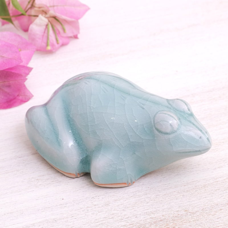 Novica Handmade Thai Frog Celadon Ceramic Figurine