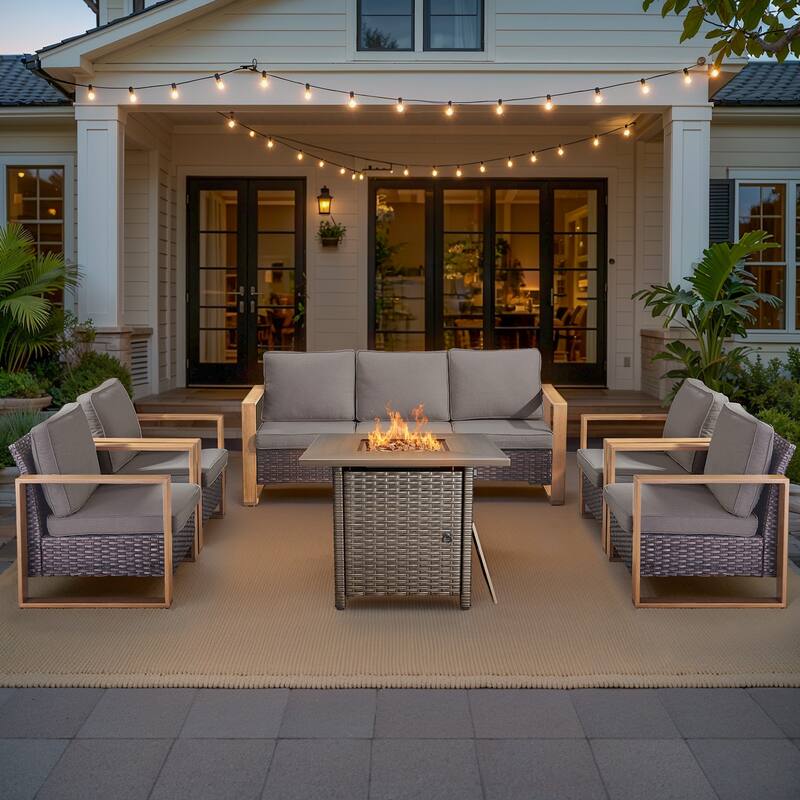 Pocassy 4/6/8PCS Sofa Swivel Chair with Fire Pit Table Set - Brown Wicker Gray Cushion - 6-Piece Sofa Patio Chair with Fire Table