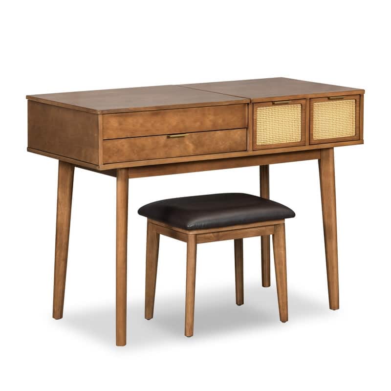 43.3" Classic Wood Makeup Vanity Set with Hidden Mirror, 3 Drawers & Upholstered Stool