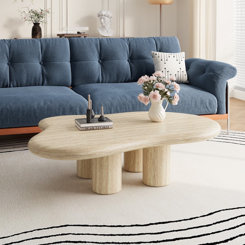 47" Modern Cloud Shaped Coffee Table, Premium Wood with travertine texture,Beige