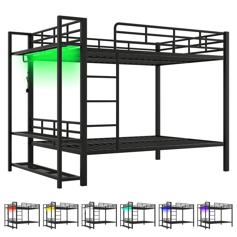 Full Over Full Size Bunk Bed with Storage Mesh Shelves and Clothes Hooks, LED Light - Metal Bed Frame with Metal Slat Support