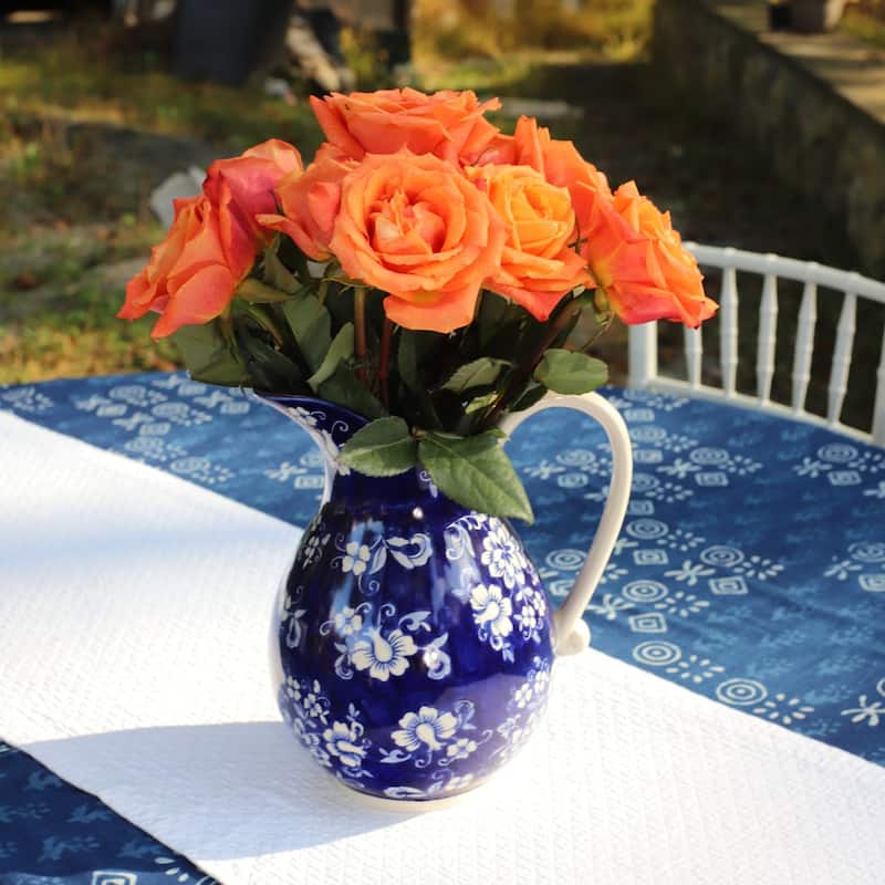 Euro Ceramica Blue Garden Stoneware Hand-painted 2.7 LT Pitcher with Handle - 8.7 in. x 7.1 in. x 10 in.