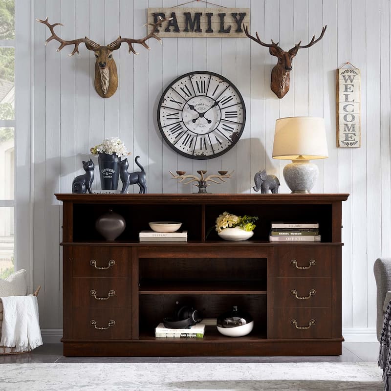 60"W Retro TV Stand Entertainment Center, 2 Cabinets&Open Shelves - 60"W*15.75"D*34.25"H - Espresso