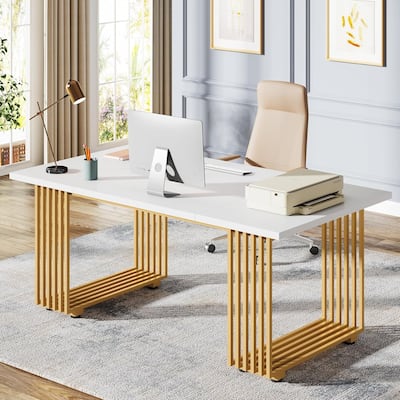 70.9"Modern Executive Desk, Large White Computer Desk with Gold Metal Legs, Wooden Office Desk for 6-8 People