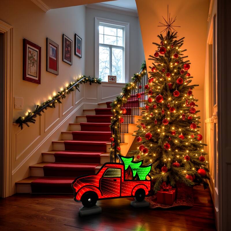 LED Lighted 3D Truck with Christmas Tree Infinity Mirror - 16"