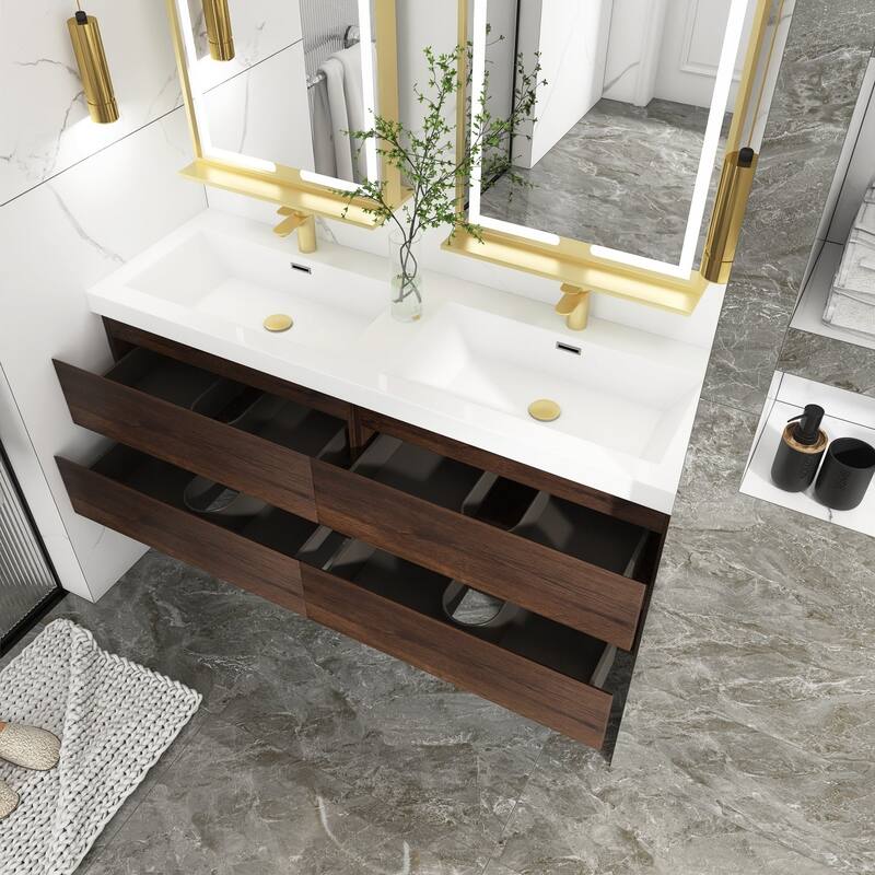 MDF Wall-Mounted Bathroom Vanity Set in Rose Wood with Integrated Culture Marble Sink