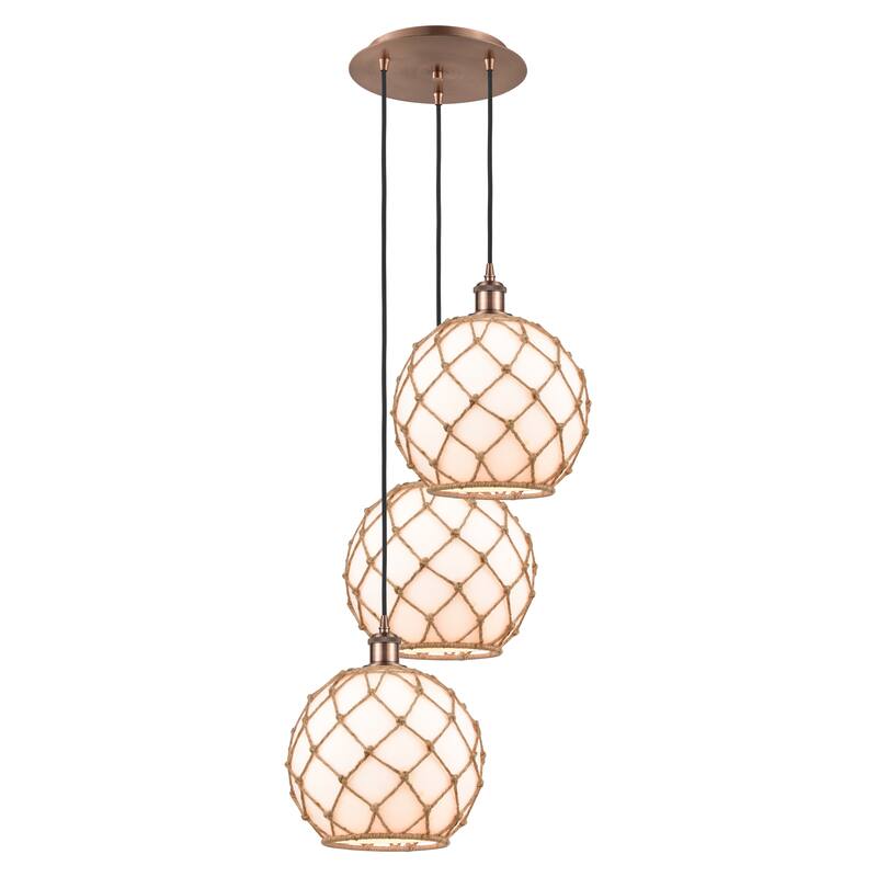 Innovations Lighting Endless Possibilities Ballston - Farmhouse Rope - 3 Light 17" Cord Hung Multi Pendant - White Glass with Brown Rope/Antique Copper