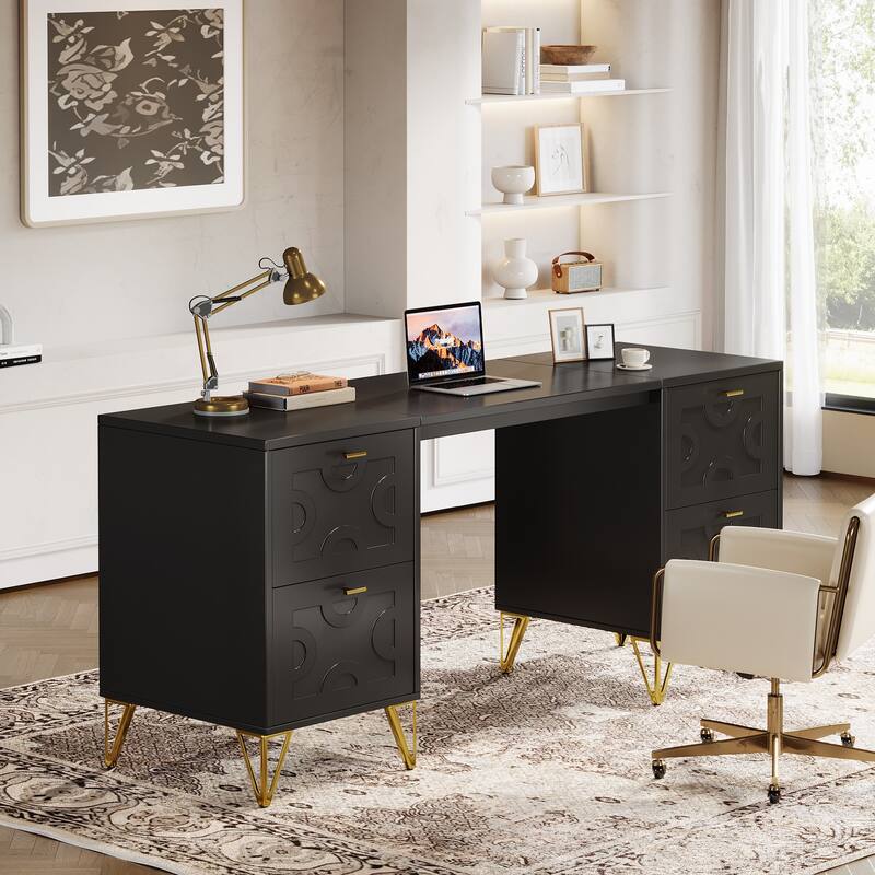 Modern Computer Desk Study Writing Table with File Drawers - Black+Gold