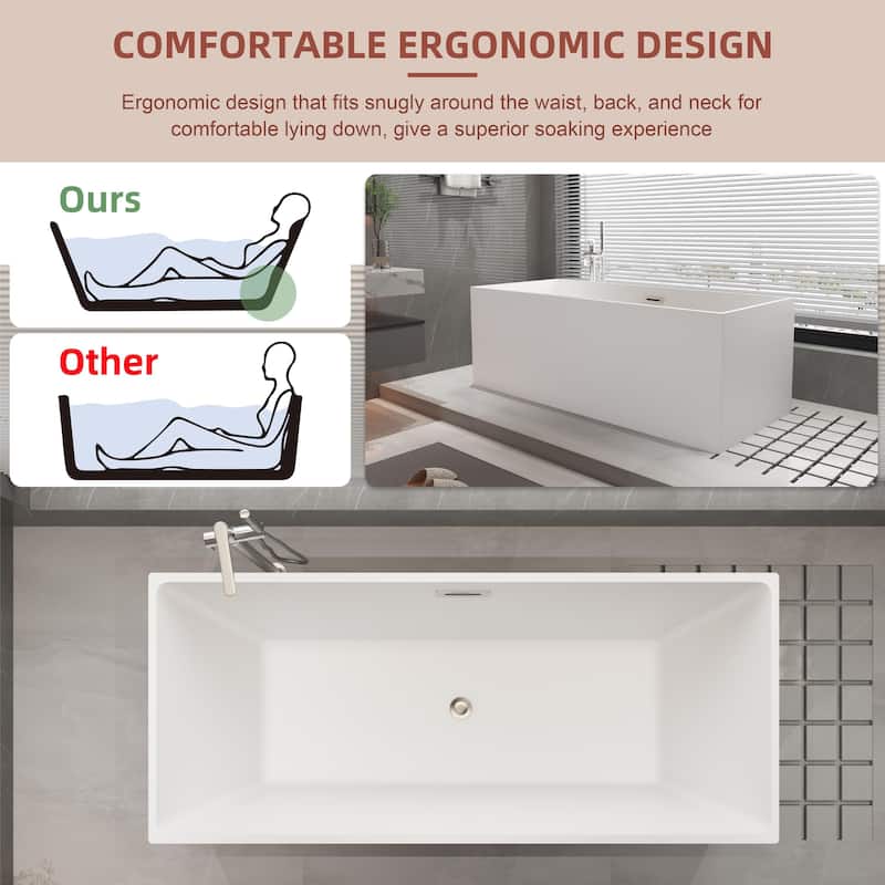 CB HOME 55"/59" White Freestanding Bathtub, Black Acrylic Soaking Tubs, Rectangular Stand Alone Tub in Three Sides Back to Wall