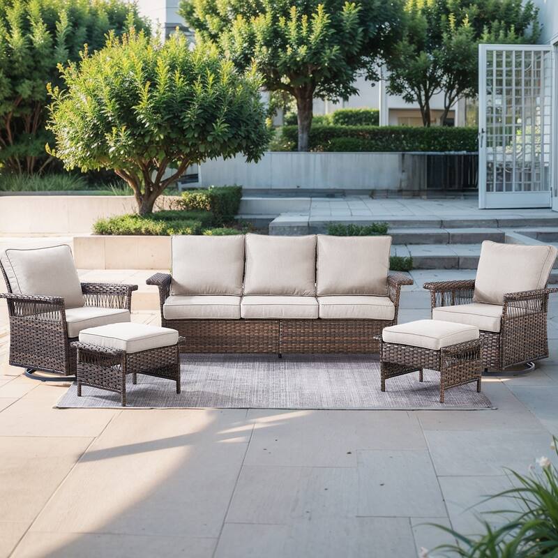 Pocassy Outdoor Swivel Chairs with Sofa Chair Ottoman and Table Set - Brown Wicker Beige Cushion - 5-Piece Patio Sofa Swivel Chair with Ottoman