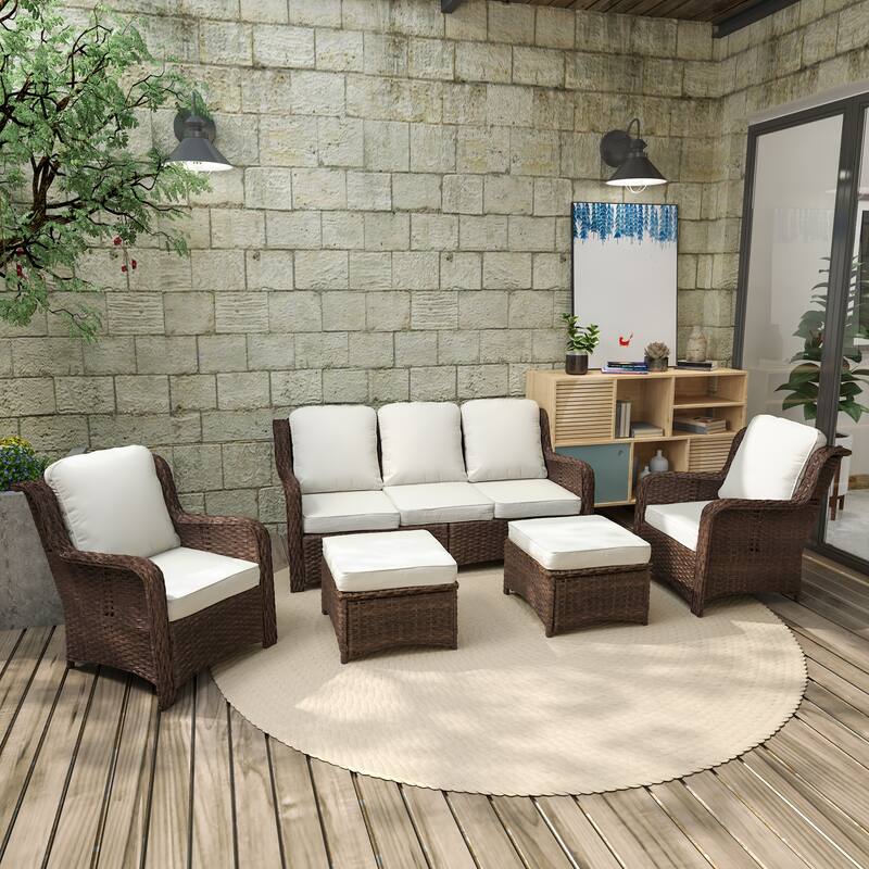 5 Piece Rattan Outdoor Patio Conversation Set, All Weather Hand Woven Wicker Sectional Sofa Set with Removable Cushions