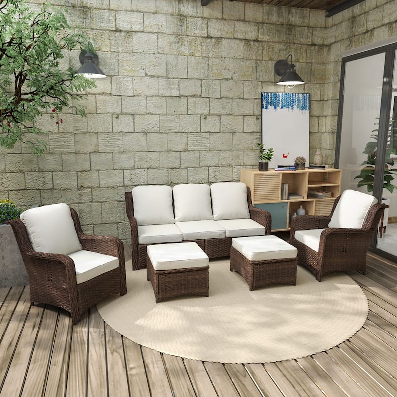White Patio Furniture Set Rattan Outdoor Sectional Conversation Sets for Lawn, Balcony, Garden, Backyard - White