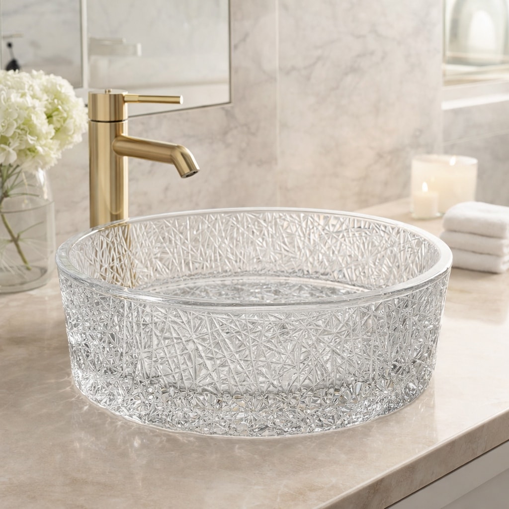 Stadium 16" & 14" Round Crystal-Pattern Glass Vessel Bathroom Sink