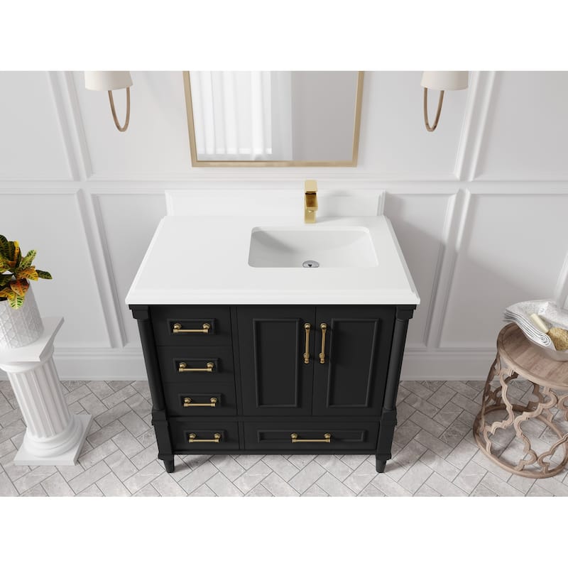 Willow Collections 36 in. W x 22 in. D Aberdeen Right Offset Sink Bathroom Vanity with Countertop - 1.5" White Quartz - Black