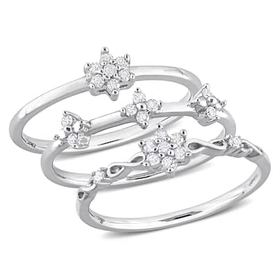 Miadora 1/4ct TW Diamond Floral Promise Rings 3-Piece Set Sterling Silver