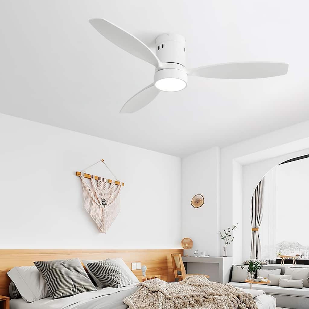 Wooden Ceiling Fan with Dimmable 3-Color LED Light, 6-Speed Remote Control Flush Mount Ceiling Fan Light
