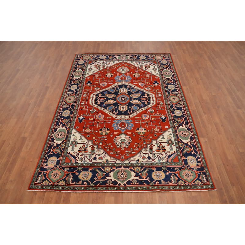 Hand Knotted Oriental 100% Wool Carpet Traditional Medallion Oranges & Rust Heriz (serapi) Area Rug - 8' 10'' X 6' 1''