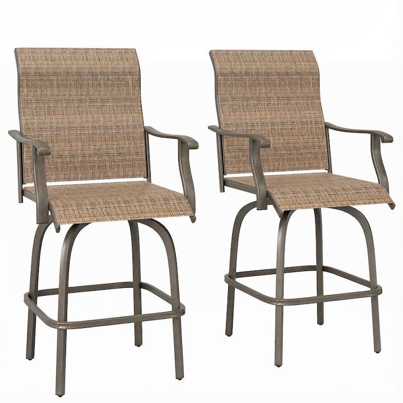 Outsunny Set of 2 Outdoor Swivel Bar Stools with Armrests, Bar Height Patio Chairs with Steel Frame for Balcony, Poolside