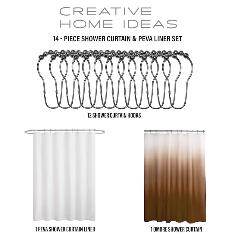 14-Piece Bath/Shower Set - Ombre Shower Curtain, Hooks & PEVA Liner