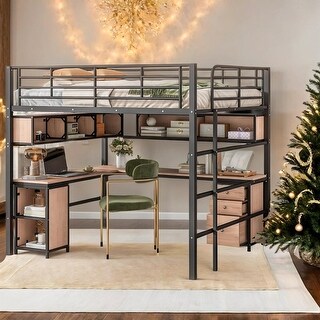 Full Size Loft Bed with 5-Bookcase, Metal Child Storage Bed Frame with Desk and Cabinet for Bedroom Study Room, Black