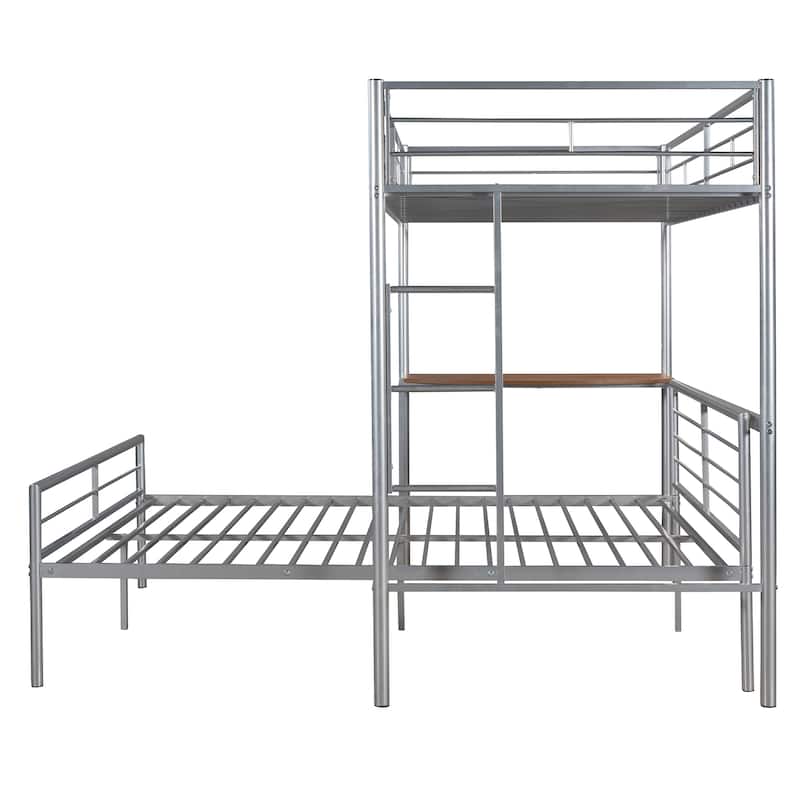Twin Over Full Bunk Bed with Integrated Desk and Ladder, Metal Loft Bed and Platform Bed Frame, No Box Spring Needed