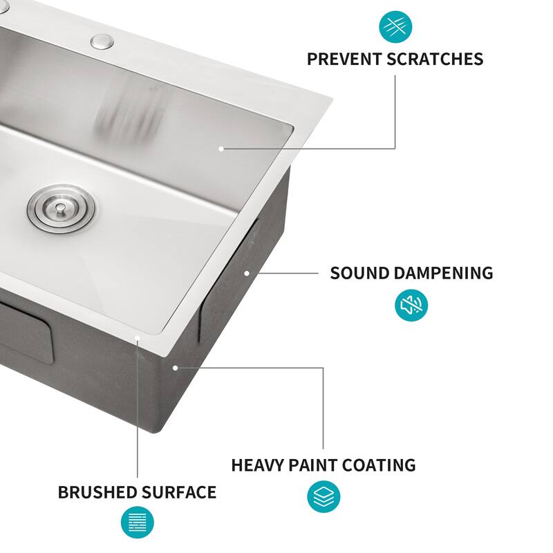 Kitchen Sink Drop In 16 Gauge Stainless Steel 33" Single Bowl Topmount Kitchen Sink Basin