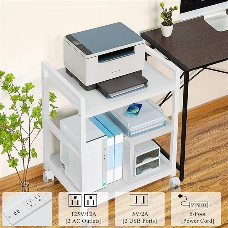 Printer Stand with Charging Station and USB Ports Large 3-Tier - 24"D x 18.62"W x 30.86"H