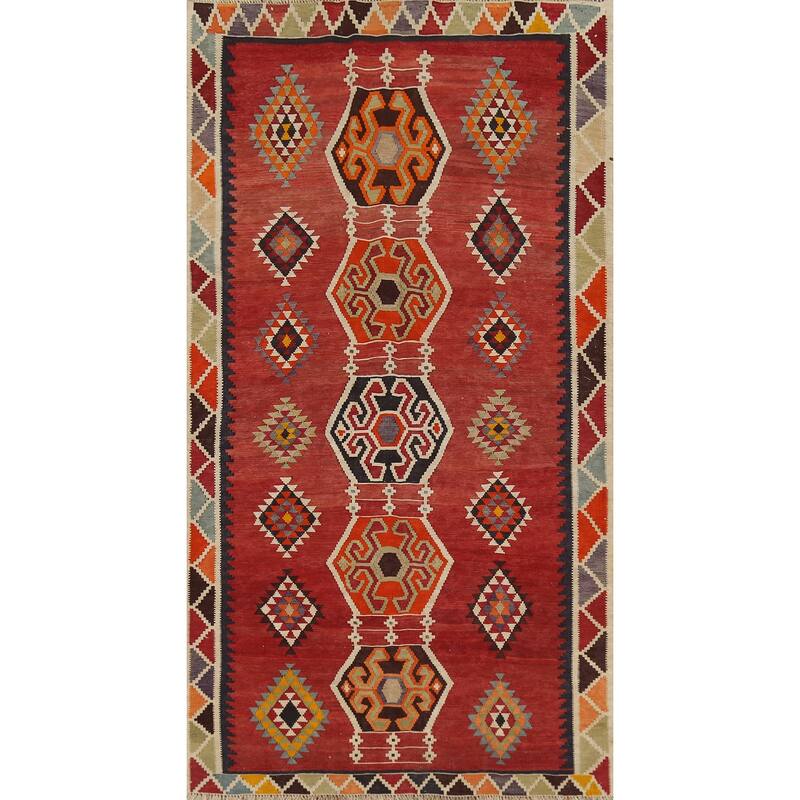 Kilim Qashqai Persian Vintage Rug Hand-Knotted Red Wool Carpet - 4'2"x 7'11"