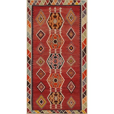 Kilim Qashqai Persian Vintage Rug Hand-Knotted Red Wool Carpet - 4'2"x 7'11"