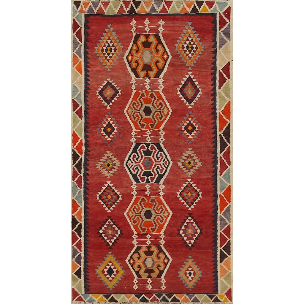 Kilim Qashqai Persian Vintage Rug Hand-Knotted Red Wool Carpet - 4'2"x 7'11"