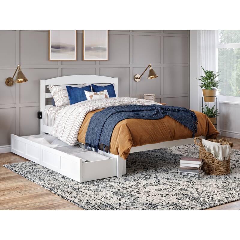 Queen Platform Bed with Drawers - White Storage Bed with Charging Station & Solid Wood Construction