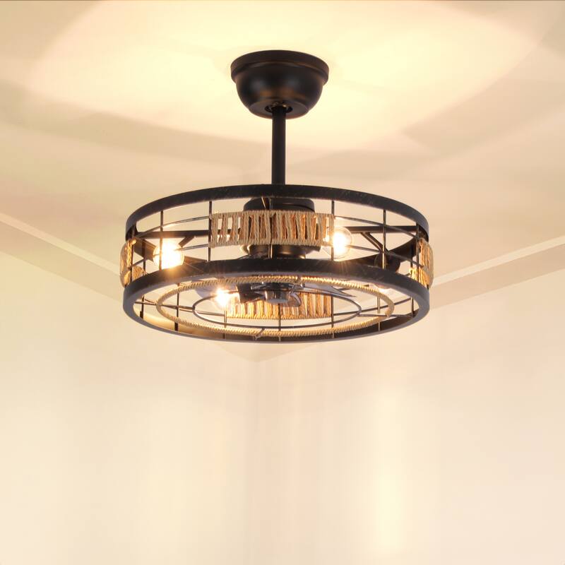 18 in. Indoor Caged Ceiling Fan with Lights, Reversible DC Motor and Remote Control for Small Bedroom - Black