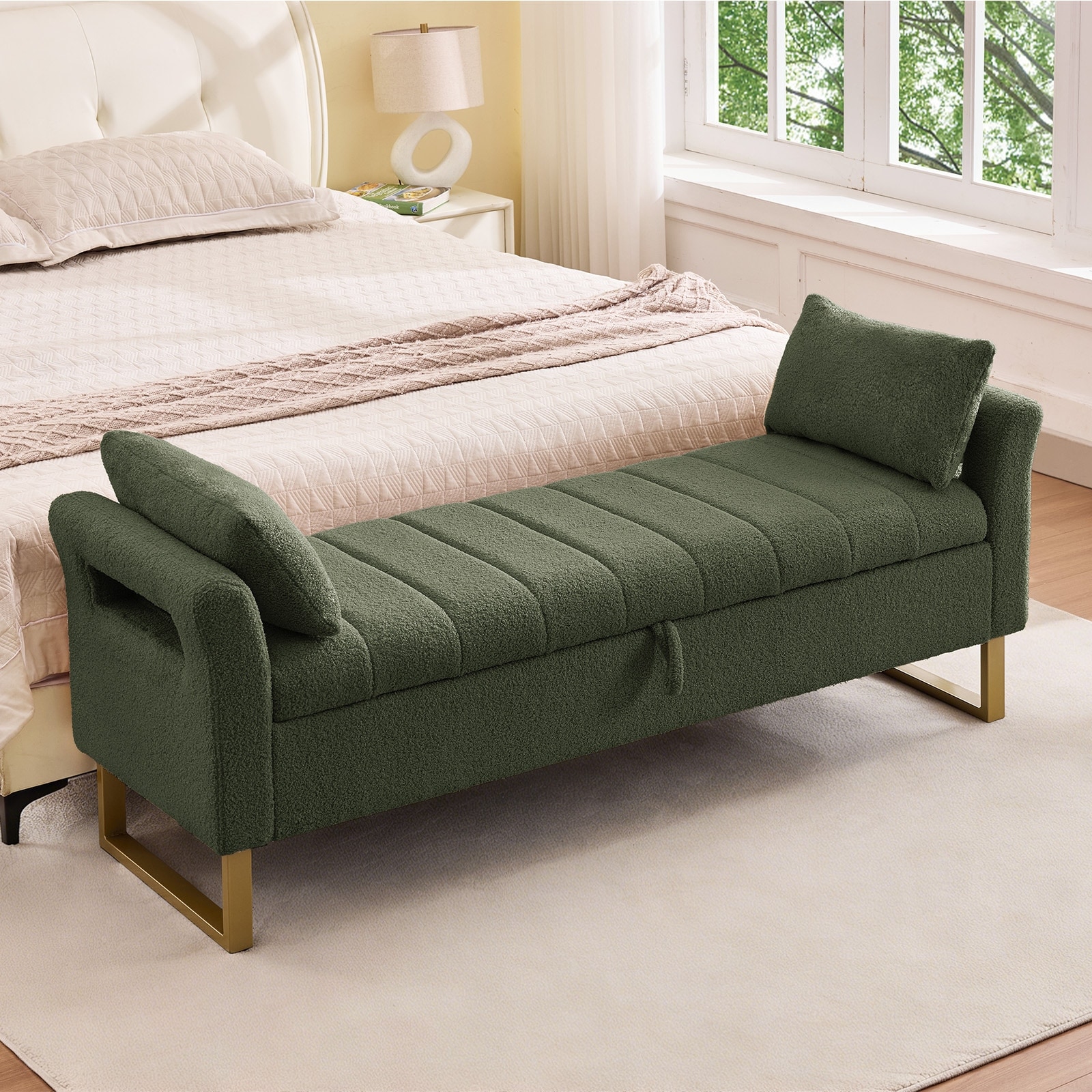 66"W Teddy Storage Bench for Bedroom End of Bed with Arm and Two Pillows