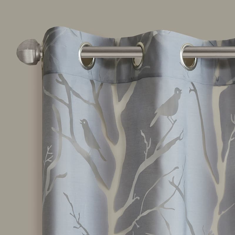 Grommet Top Sheer Bird on Branches Burnout Window Curtain(Only 1 Pc Panel) - Grey - 63 Inches