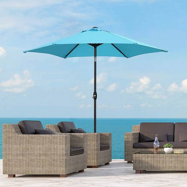 blue umbrella for patio table 9ft Motorized Remote Market Umbrella, resistant canopy is made with Scotchgard treated 50% recycled polyester fabric and a powder coated steel frame Sonkuki 7.5 ft. Patio Market