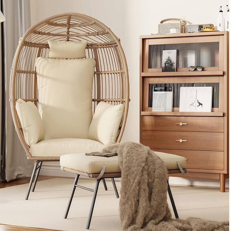 Oversized Indoor Outdoor Lounger Wicker Egg Chair with Ottoman for Patio, Backyard, Living Room