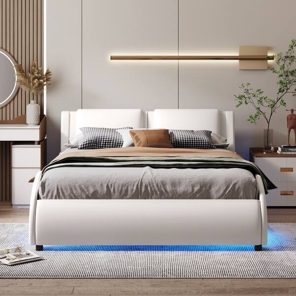 Full Size Upholstered Faux Leather Platform Bed with LED Light Bed
