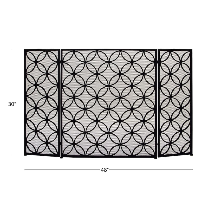 Metal Geometric Foldable 3 Panel Fireplace Screen with Mesh Netting - Black - Roche River Decor - 1"W x 48"L x 30"H