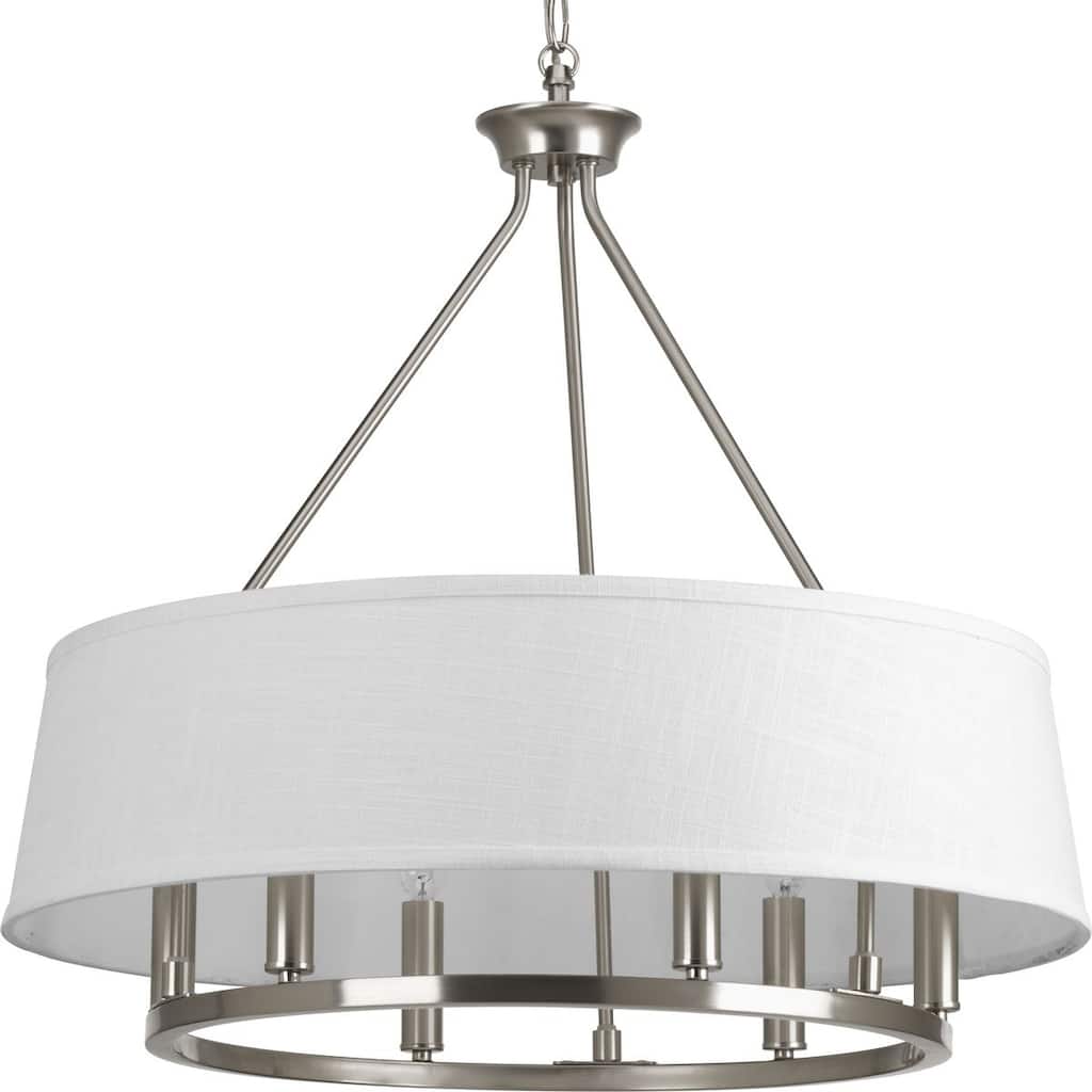 Cherish Collection 6-Light Brushed Nickel White Linen Shade Coastal Chandelier Light - 11.500" x 26.500" x 26.000"