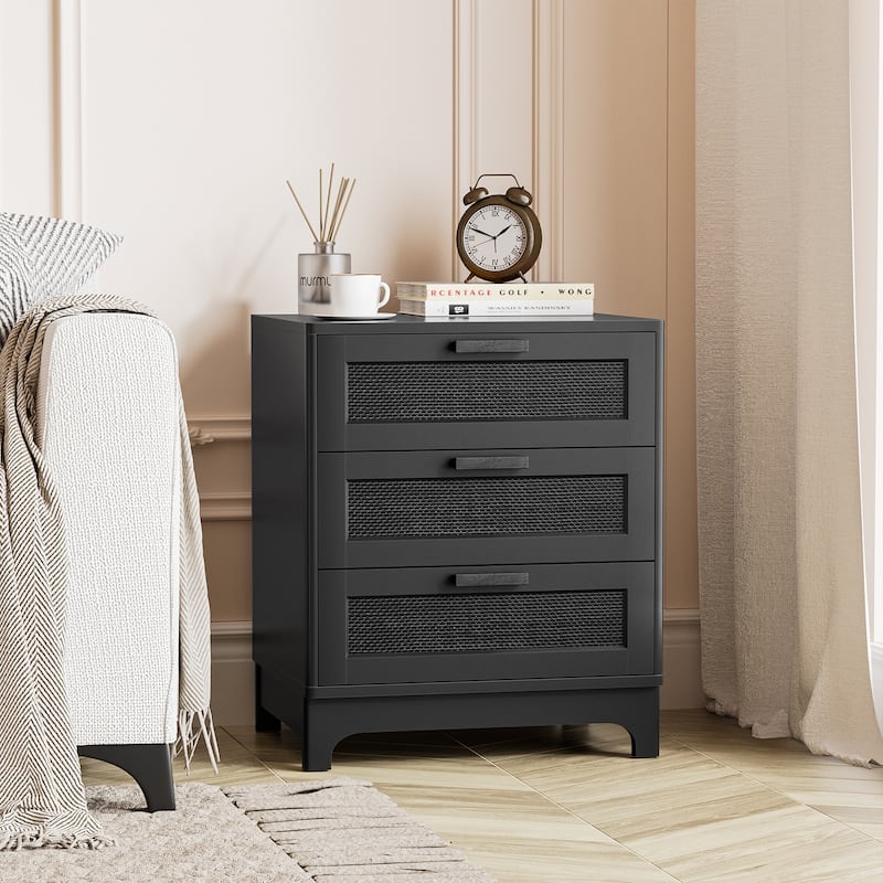 Anmytek Modern Black Wood Rattan Nightstand Bedside Table Side Table with 3 Drawers for Bedroom