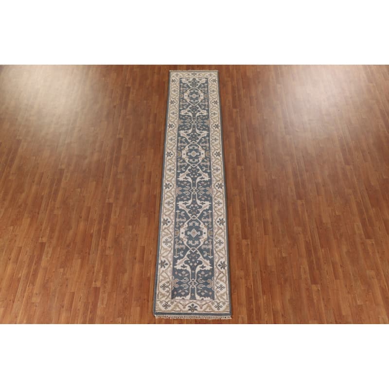 Blue Oushak Oriental Runner Rug Handmade Wool Carpet - 2'6"x 11'10"