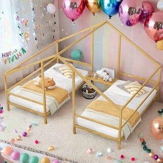 Two Twin Solid Metal Bed Frame with Built-in Table,Platform Bed or Daybed