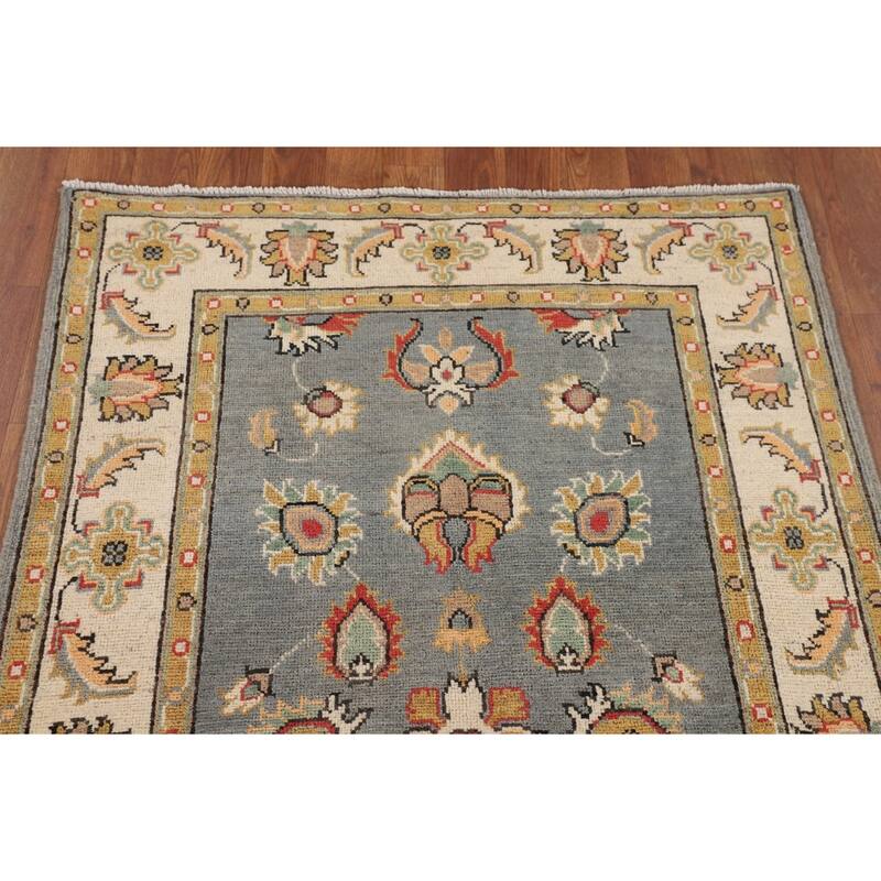 Floral Gray Oushak Accent Rug Handmade Wool Carpet - 3'2" x 4'11"