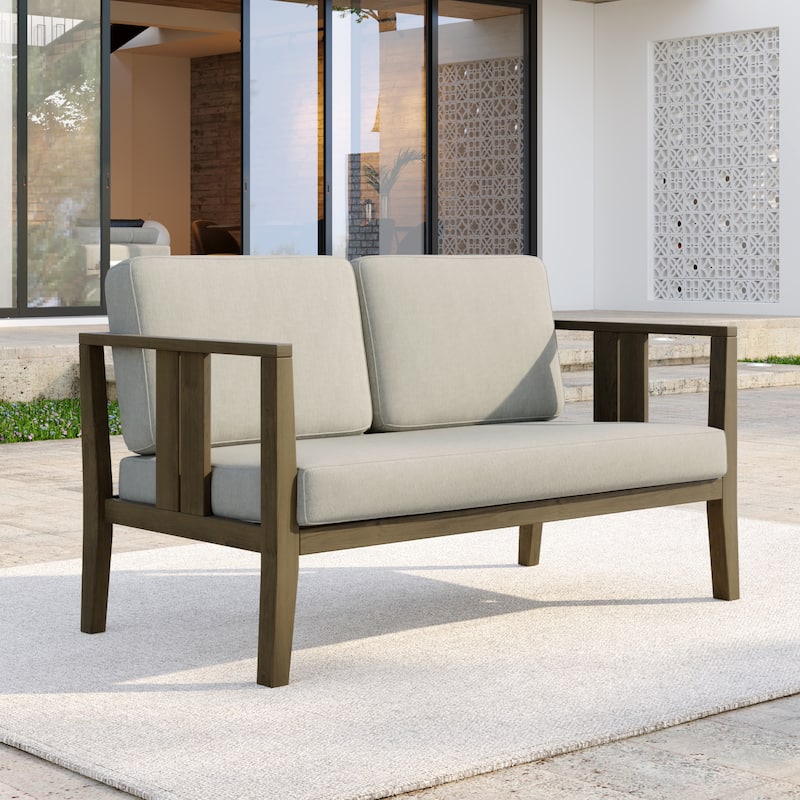 Casual Teak Wood Outdoor Patio Loveseat with Cushions - Natural Wood - Light Camel