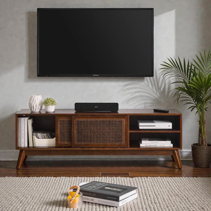 Mid Century Modern 59" Rattan TV Stand for 65" TV, Media Console with Solid Wood Legs and Storage Cabinet - Walnut