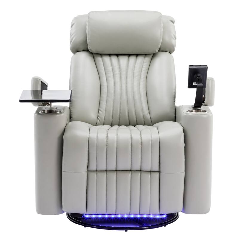 270° Power Swivel Recliner,Home Theater Seating With Hidden Arm Storage and LED Light Strip,Cup Holder