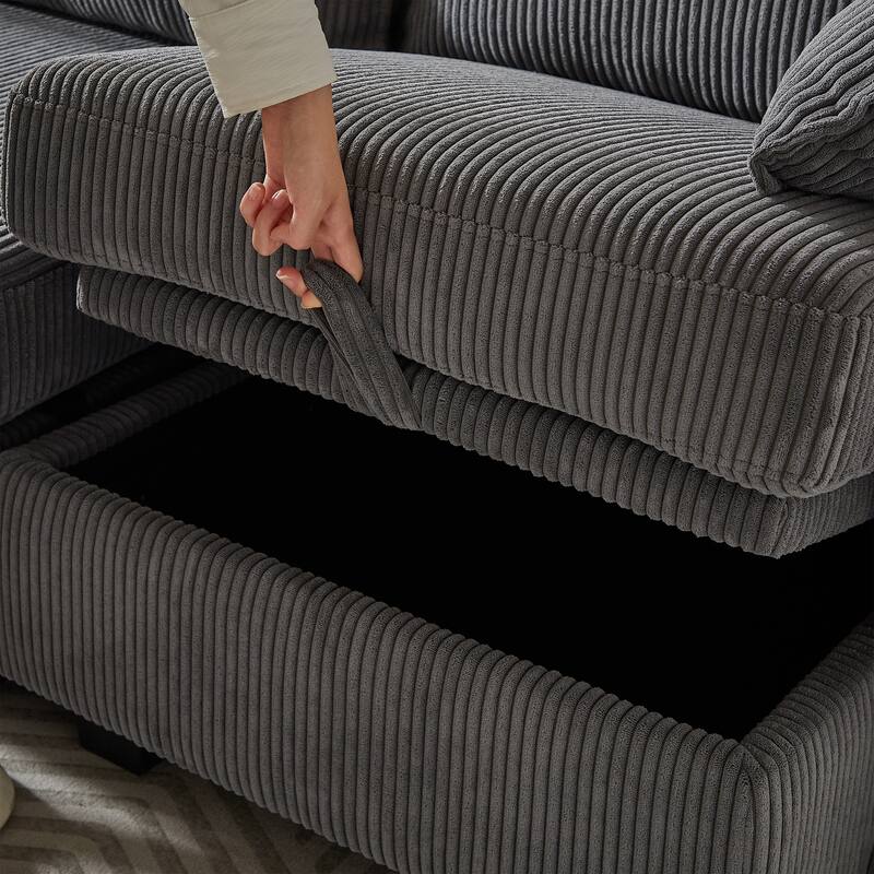 113.5" Corduroy U-Shaped Sectional Sofa with Storage Ottoman, 6-Seat Modular Design and Convertible Chaise